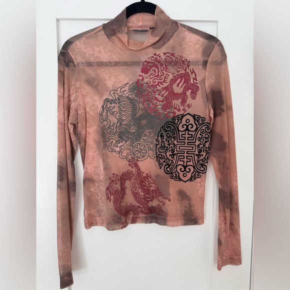 Mexx Tops - MEXX Mesh Dragon Tattoo Top Sheer Y2K Long Sleeve